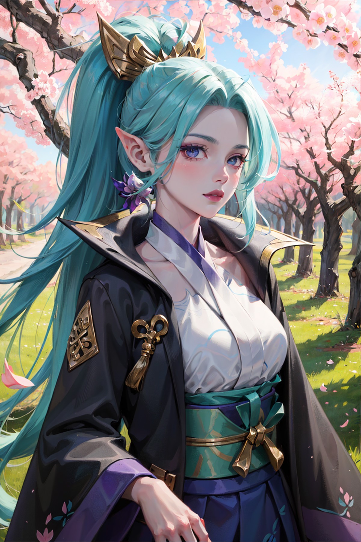 spirit blossom vayne, 1girl, kimono, hair ornament, blue hair, detailed face, looking at viewer, potrait, close-up, forest...